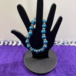 Teal Blue Pearl Stretch Bracelet with Rainbow Crystal Rondelle Spacers