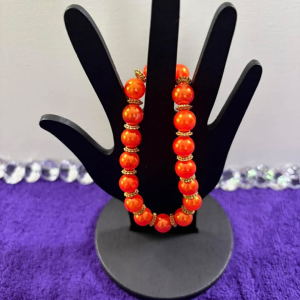 Vibrant Orange Faux Pearl Stretch Bracelet with Gold Textured Rondelle Spacers