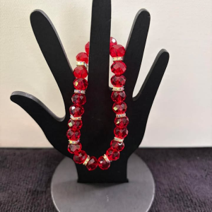 Red Faceted Crystal Glass Bead Stretch Bracelet with AB Gold Spacers