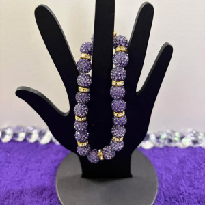 Amethyst Purple Crystal Pave Fireball Stretch Bracelet with Gold Crystal Rondelle Spacers
