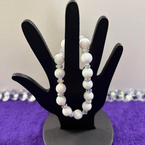 White Opalite Iridescent Pearl & Clear Crystal Bicone Stretch Bracelet with Silver Rondelle Spacers