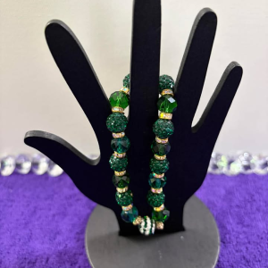 Emerald Green Rhinestone Fireball & Faceted Crystal Stretch Bracelet with AB Gold Spacers