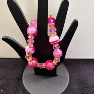 Hot Pink Marble Agate & Bicone Crystal Stretch Bracelet with Gold Spacers