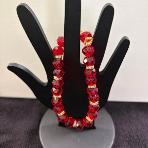 Ruby Red Faceted Crystal Glass Stretch Bracelet with AB Gold Rondelle Spacers