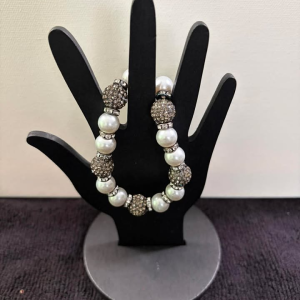 White Pearl & Silver Rhinestone Fireball Stretch Bracelet