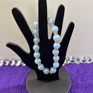Opalite Blue Iridescent Glow Bead Stretch Bracelet with AB Gold Spacers